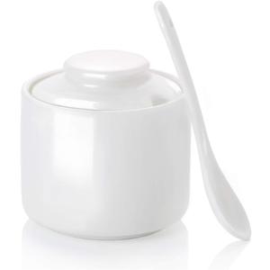 ONTUBE Ceramic Sugar Bowl with Lid and Spoon, Porcelain Seasoning Box Salt Bowl,8oz White