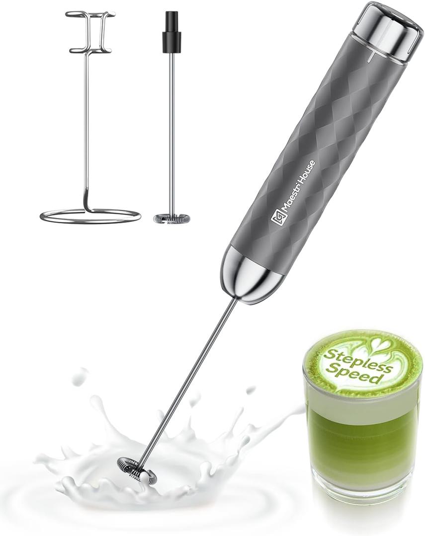Maestri House Rechargeable Milk Frother with Stepless Speed Control, LunaFro 2.0 Handheld Electric Foam Maker Waterproof Drink Mixer Foamer for Lattes, Cappuccino (Gray)