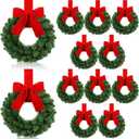 12 Pcs 9 Inch Small Christmas Wreaths for Kitchen Cabinet with Red Velvet Bow Ribbon Christmas Farmhouse Decoration Artificial Hanging Pine Wreath for Front Door Porch Chair Wall Window