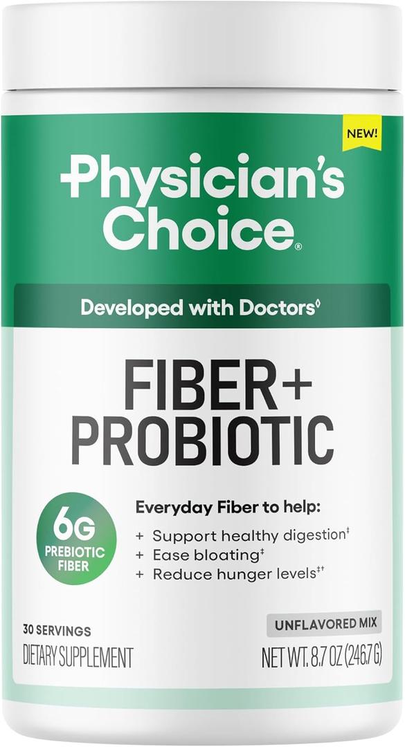 Physician's CHOICE Fiber & Probiotic Powder - Supports Regularity, Bloating, Gas, & Digestive Health - Organic Prebiotic - Sugar Free Fiber Supplement for Women & Men - Unflavored - 8.7oz, Best By: 03/19/2027