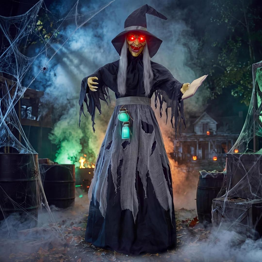 JOYIN 72" Halloween Decorations Outdoor Life-Size Scary Animated Witch with Spellbook, Halloween Animatronic Witch Decor with Sound Activation, Scary Haunted House Props for Garden Yard Lawn