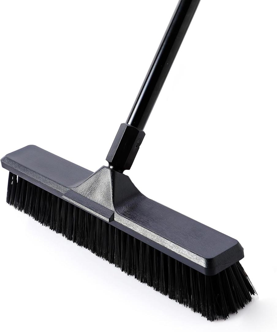 Eyliden 18" Push Broom for Deck Driveway Patio Garage | Heavy-Duty Stiff Bristles Sweeper with 66" Adjustable Handle | Outdoor Concrete Sidewalk Yard Snow Cleaning Tool, Black