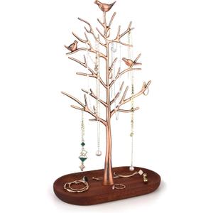 MORE&LESS Branch Jewelry Rack with wood tray,Retro color,Tree Tower Rack Hanging Organizer for Ring Earrings Necklace Bracelet,Suitable for living rooms, bathrooms,offices,etc.