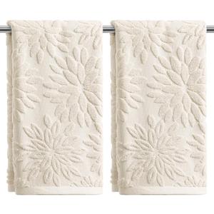Artoid Mode 2 Pcs Beige 3D Dahlia Floral Jacquard Hand Towels for Bathroom, 100% Cotton Soft Absorbent Bathroom Decor Towels, 13.7 x 29.5 Inch