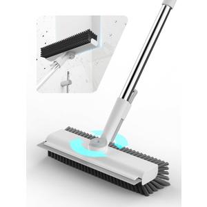 Floor Scrub Brush with Long Handle, 3 in 1 Scrape and Heavy-Duty Stiff Bristle Floor Scrubber Brush with Squeegee and Tweezer for Cleaning Tile Wall Deck Bathroom Patio Garage Kitchen (White)