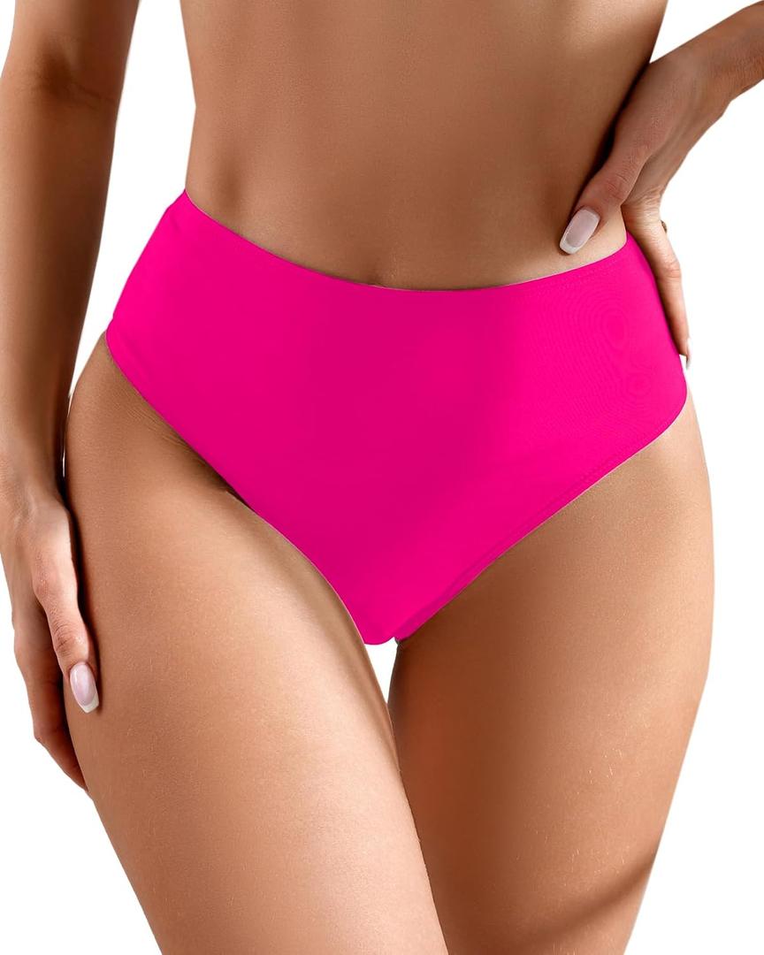 Women's Sexy High Waisted Ruched Back Cheeky Thong Bikini Swimsuit Bathing Suit Bottoms (M)