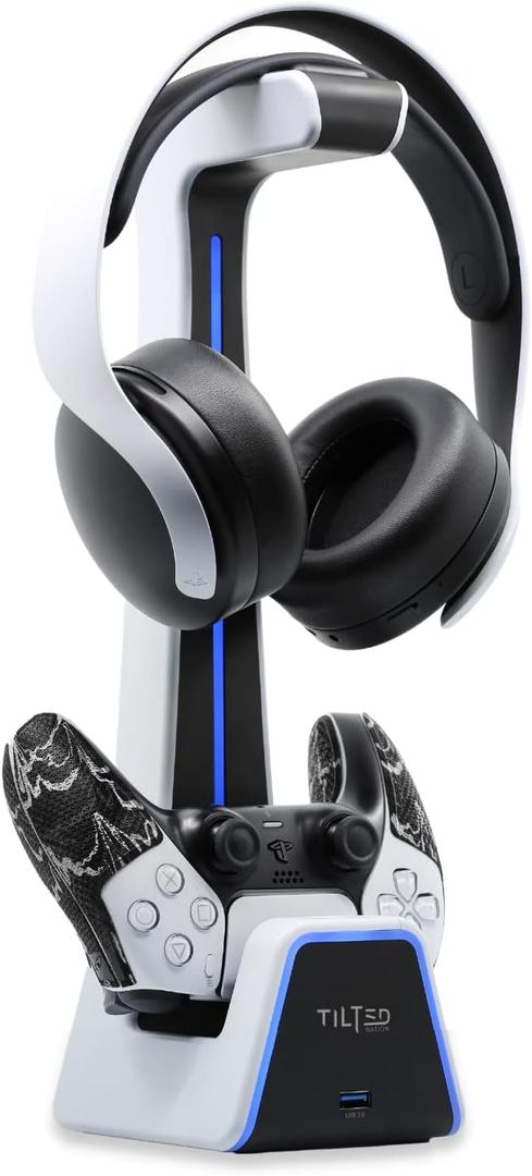 Tilted Nation Gaming Headset and Controller Stand | Premium PS5 Accessories (Clean Space with Charging Station) Headphone and Controller Holder for Desk, PlayStation 5, Xbox Game, (White)