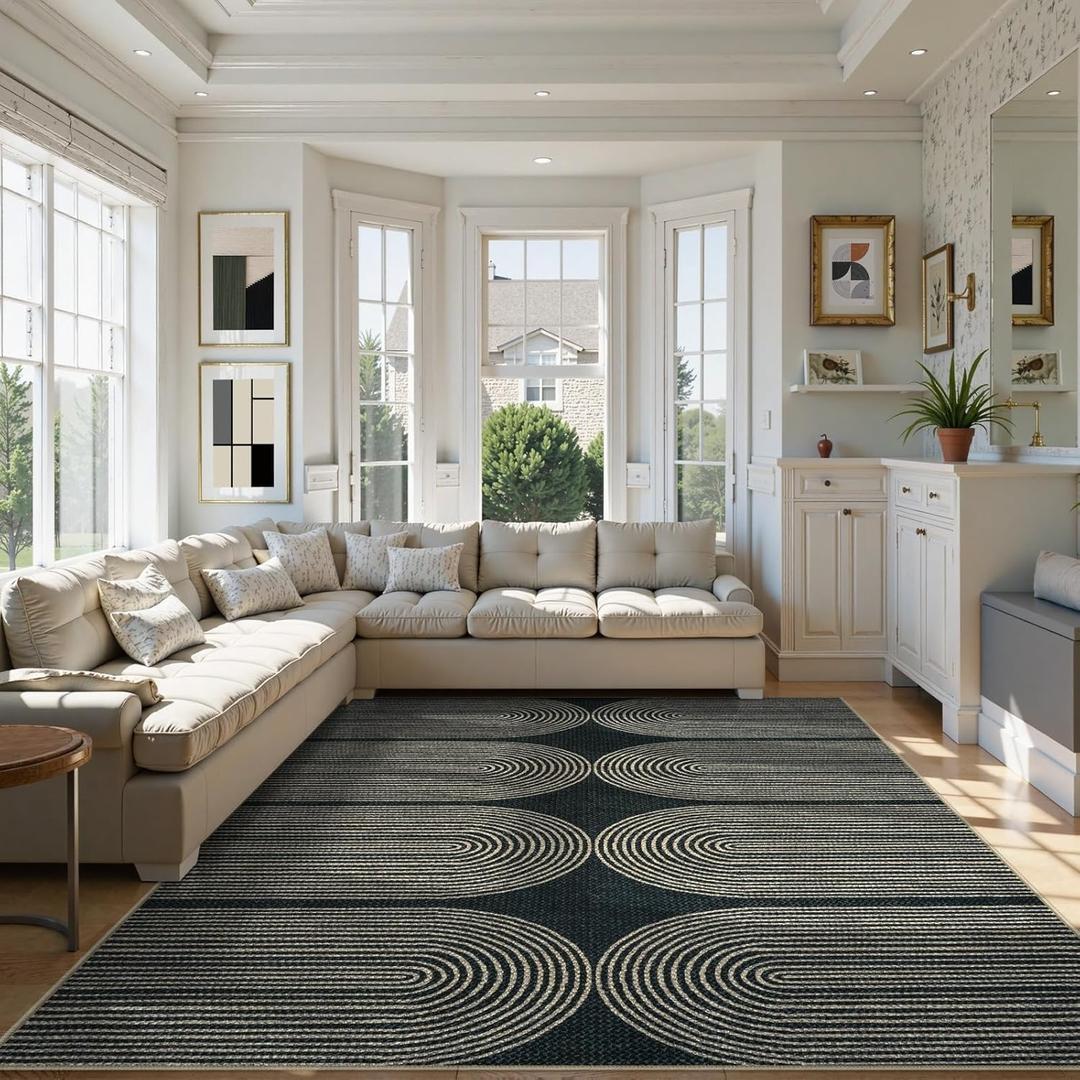 LIVEBOX Rainbow Easy Jute Outdoor Rug, Area Rugs 9x12 Living Room Washable Indoor Outdoor Patio Rug, Large Farmhouse Carpet, Modern Dining Room Rugs for Under Table Office Backyard(9'x12', Black)