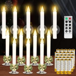Kithouse 12 Pack Flameless Candles-Window Candles-LED Battery Operated Candles with Timer Remote, Sliver Candlestick, Suction Cups, 24 PCS Battery Included, Christmas Bow& Gift Box