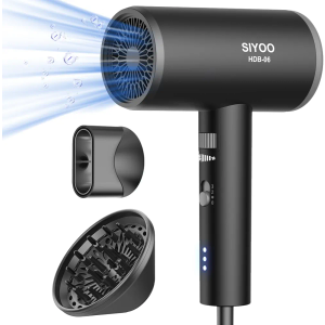 SIYOO Professional Hair Dryer Ionic Blow Dryer with Diffuser and Nozzle, 1600 Watt Negative Ions Salon Light Hairdryer for Man Women Black