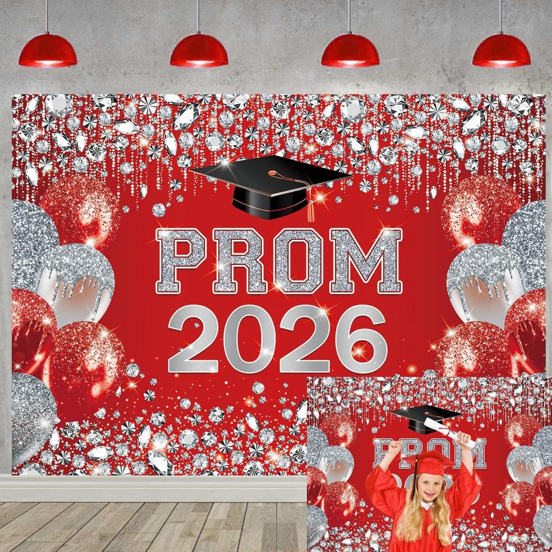 Red and Silver Prom 2026 Graduation Backdrop Class of 2026 Congratulations Grad Party Decoration Graduation Students Photography Banner Decor Supplies (red, 7x5ft)