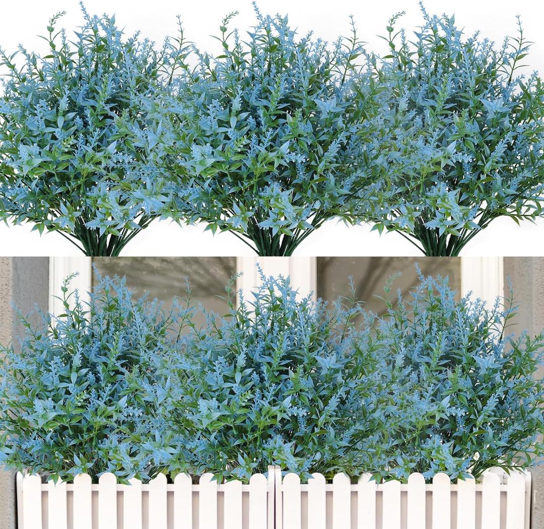 RECUTMS 20 Bundles Outdoor Artificial Flowers UV Resistant Fake Outdoor Plants, Faux Greenery for Indoor Outside Hanging Plants Garden Porch Window Box Home Wedding Farmhouse Dcor(Blue)