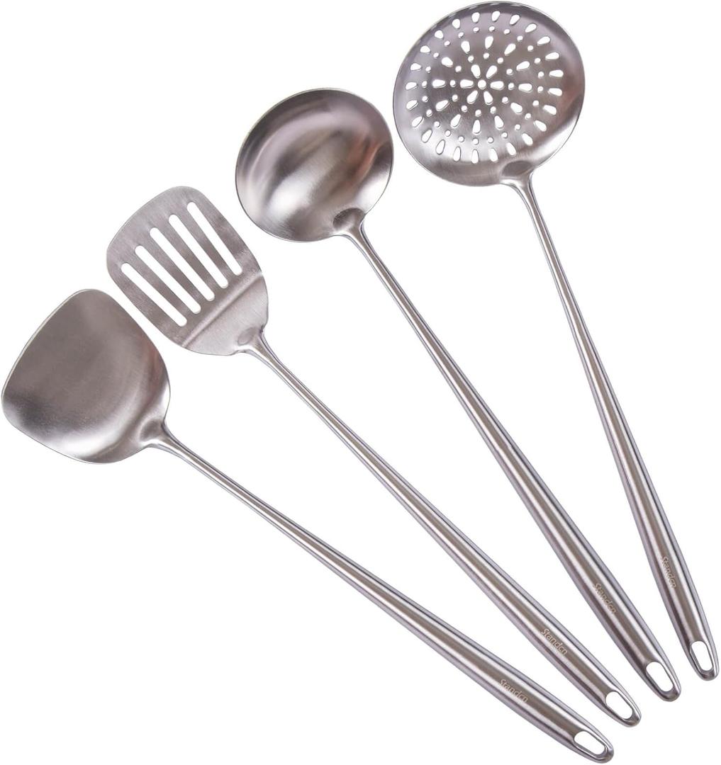 17 Wok Spatula and Ladle, Skimmer Spoon, Slotted Spatula - 304 Stainless Steel Kitchen Utensils Set, 4-Pieces Extra Long Handle Cooking Tools, All Metal Chinese Wok Utensils and Wok Accessories