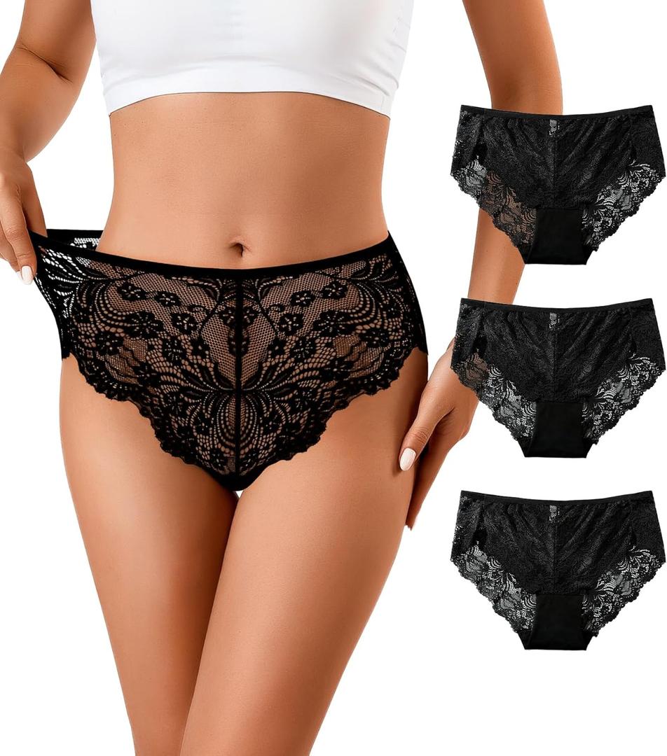 J-pone Sexy Womens Lace Underwear High Wasited Panties Breathable Floral Ladies Briefs, 3 Pack (Medium)