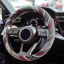 Boho Steering Wheel Cover Elastic Microfiber for Women, Hippie Steering Wheel Cover Ethnic Flax Cloth Universal Fit 15 inch for Cars, Truck, Van, SUV - (D-Blue)