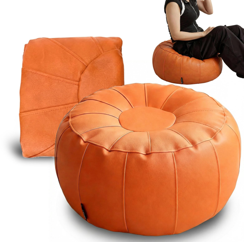 Elfzone Leather Pouf - 20”Dx12”H, Wash-Free Tech Fabric Pouf Unstuffed Ottoman Moroccan Footstool, Floor Footrest Cushion, Storage Solution, Natural Orange Color Unstuffed Faux Leather Cover (Orange)