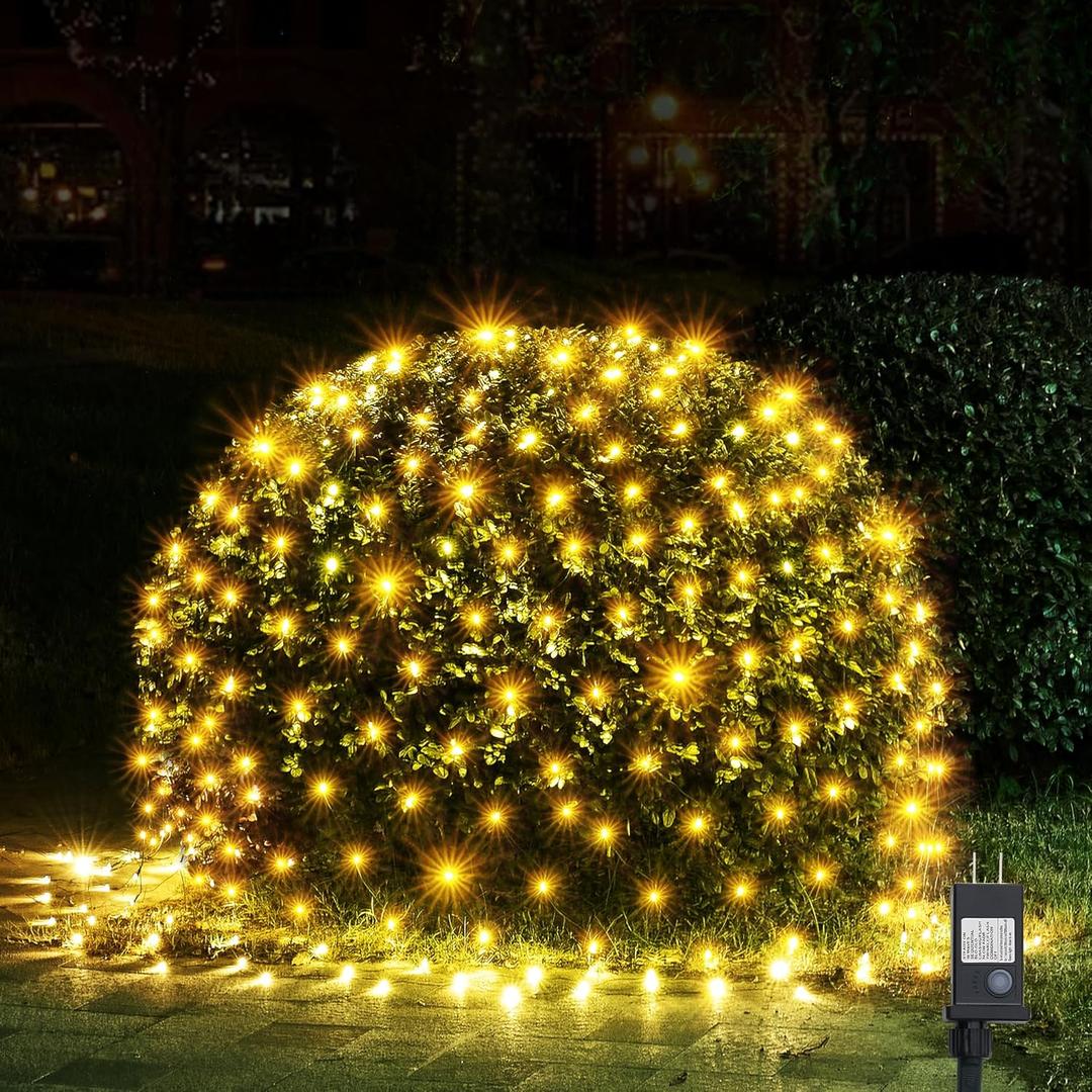 WBao Christmas Lights Outdoor, 200LED 8.4ft x 5.2ft Christmas Net Lights with 8 Modes, Timer, End to End Connectable, Waterproof LED Net Lights for Lawn, Bushes, Trees Xmas Decorations, Warm White