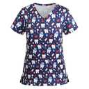 July 4th Scrub Tops Women Vneck American Flag Prints Independence Day Patriotic Working Uniforms Pocketed Holiday Shirt (XXL)