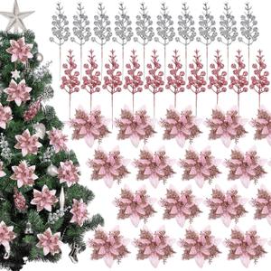 60 Pcs Christmas Glitter Poinsettia Flowers Set 20 Christmas Artificial Poinsettia 40 Berries Stems Berry Picks, Xmas Tree Flowers Decorations Ornaments(Pink,Silver)