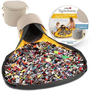 Creative QT SlideAway Toy Storage Organizer & Extra Large 52" Play Mat, Collapsible Storage Bins for Building Bricks, Small Blocks, Toys, Drawstring Cleanup for Kids Playroom & Classroom, Beige