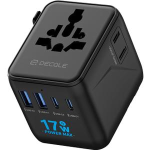 Universal Travel Adapter, International Travel Plug Adapter with 2 USB-C  2 USB-A Ports, with Extra 2 Prong AC Outlet All in One Portable Socket, for USA, UK, EU, AU  224+ Countries (Black)