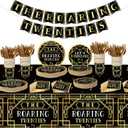 188 Pcs Roaring 1920's Party Tableware Set, 24 Guests Black and Gold Birthday Party Tablecloth Dinner Plates Dessert Plates Cups and Napkins for Speakeasy 1920s Vintage Wedding Party Supplies