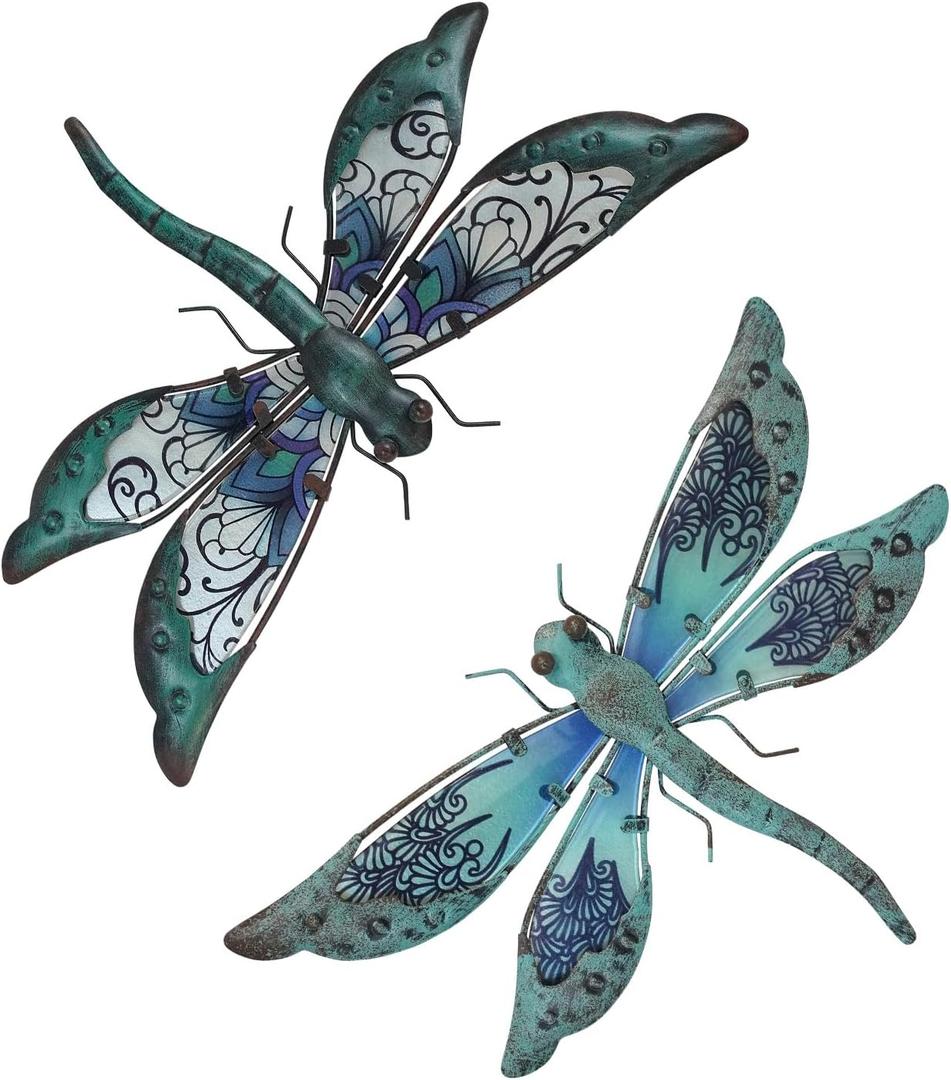 LIFFY Glass Metal Dragonfly Wall Decor Pair - Outdoor Wall Art for Garden and Home - Hanging Decor Gifts for Women, Light Blue LIFFY Glass Metal Dragonfly Wall Decor Pair - Outdoor Wall Art for Garden and Home - Hanging Decor Gifts for Women, Light Blue