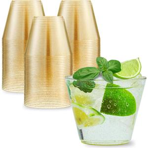 9 oz Gold Plastic Cups, 100 Pack Gold Glitter Disposable Cups Tumblers for Cocktails for Party, Events, Wedding, Cocktail Glasses Hard Plastic Party Cups for Cold Drinks, Wine Glasses Reusable