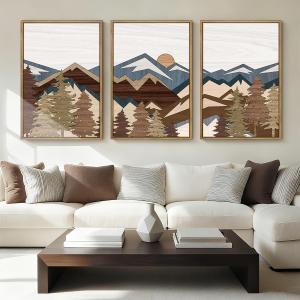 BINCUE Large Boho Mountain Canvas Wall Art Set of 3,Woodcut Sun Forest Canvas Wall Decor,Vintage Mountain Artwork Abstract,Pine Tree Landscape Painting for Living Room Bedroom Office 24x36 Inch Gift