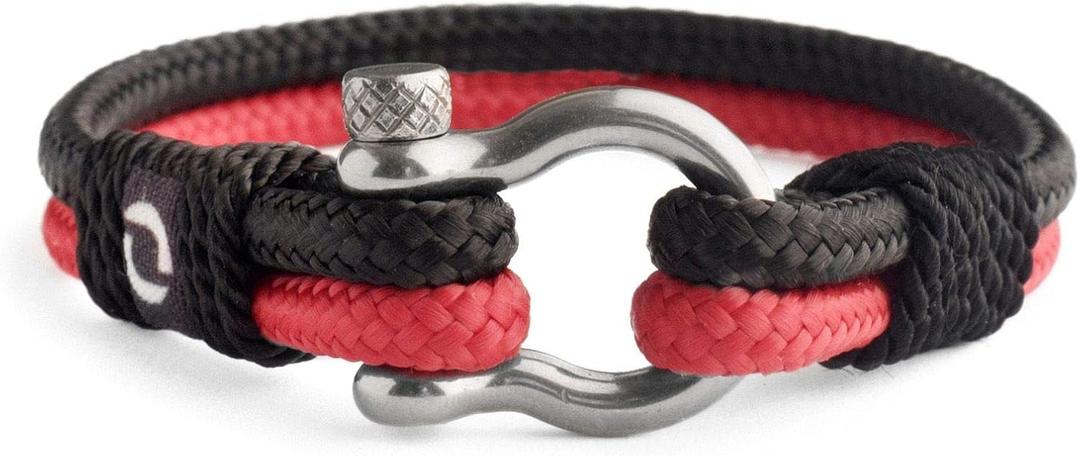 Mens Rope Bracelet - Stainless Steel Silver Shackle, Extremely Durable and Scratch Resistant Waterproof Paracord, Handmade, Nautical Wristband for Men (BlackRed)