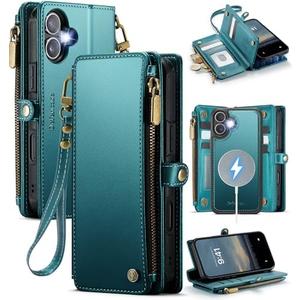 Defencase for iPhone 16 Magnetic Wallet Case Compatible with Magsafe with RFID Blocking Zipper Pocket & Card Holder for Women Men PU Leather Strap Detachable Case for iPhone 16 (6.1 inch), Blue Green
