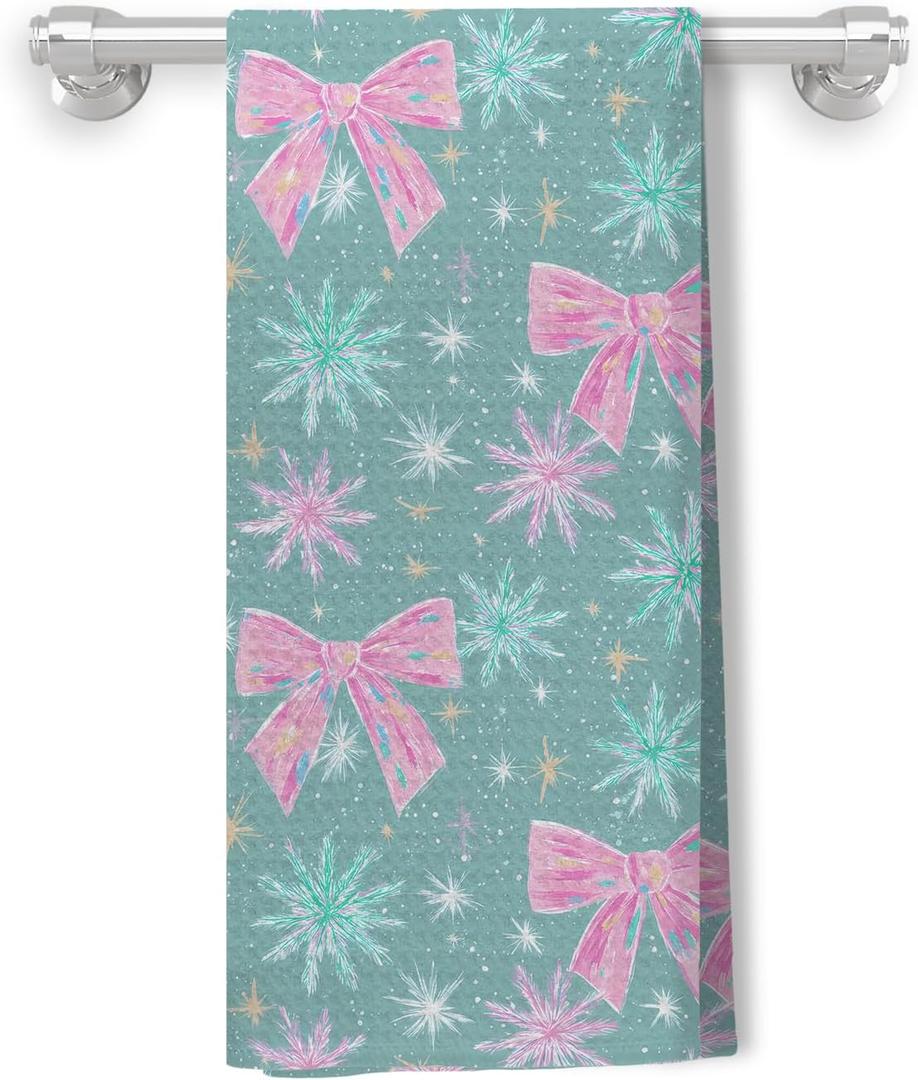 Pink and Teal Christmas Kitchen Towels, Preppy Christmas Decor, Coquette Pastel Bow Snowflake Xmas Holiday Decorative Hand Towels for Bathroom Kitchen, 16x24 Inch (Color 05)