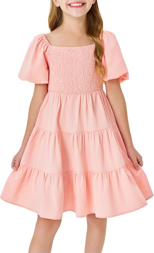 Batermoon Girls Boho Square Neck Puff Sleeve Off Shoulder Smocked Tiered Casual A Line Short Mini Dress