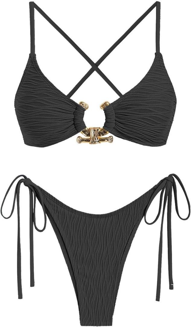 ZAFUL Women's Bikini Sets Ribbed Metal O Ring Criss Cross Two Piece Swimsuit Cheeky High Cut Side Tie Thong Bathing Suit (Black), S