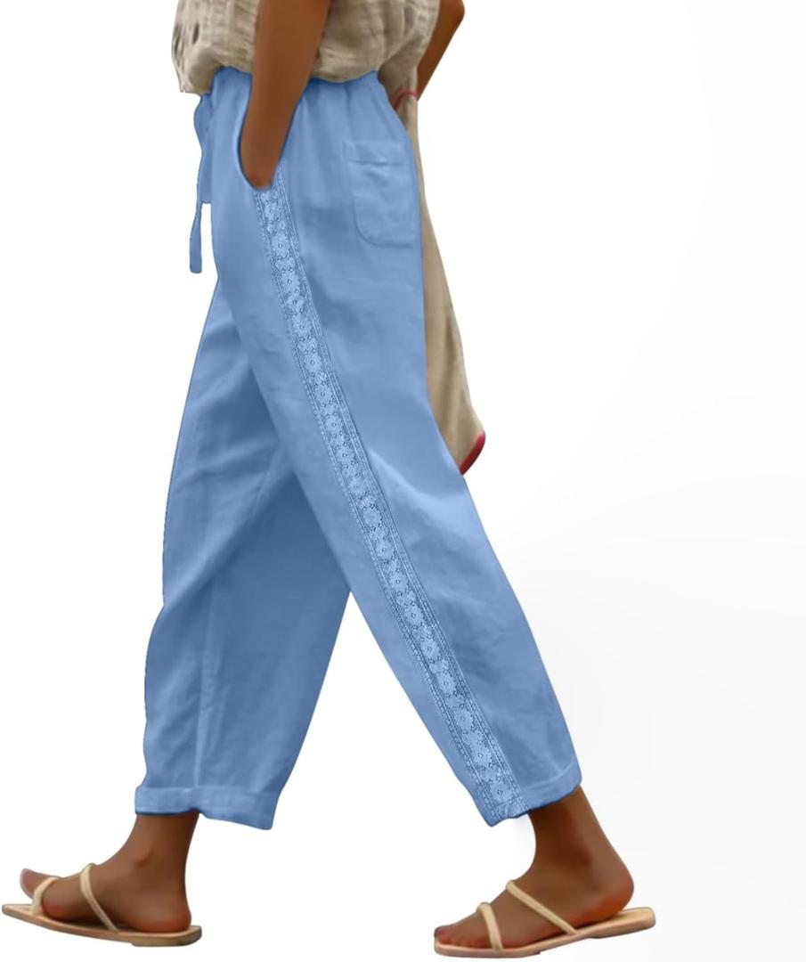 Puimentiua Women Linen Pants Lightweight Pants with Lace Side Summer Casual Beach Drawstring Elastic Waist Trousers, XXL