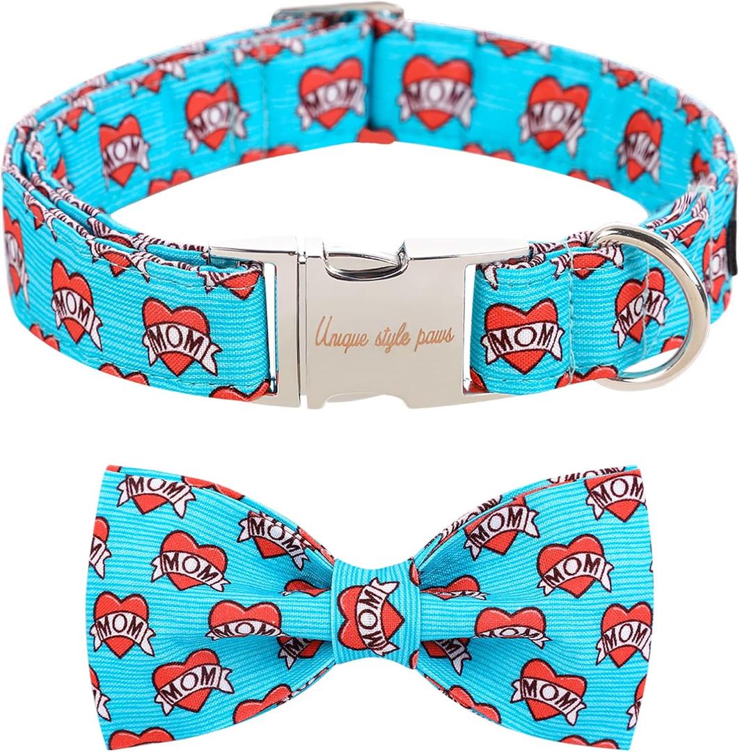 Unique style paws Valentine's Day Dog Collar with Bow Tie Blue Heart Puppy Collar Best Gift for Small Medium Large Boys Girls-XL (Blue MoM Love)