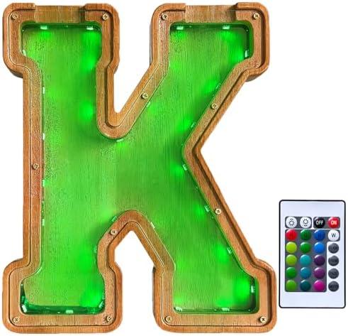 Wooden Letter Piggy Bank for Kids,9inch Kids Money Bank with LED Lights, Alphabet Coin Jar(A-Z), Birthday Gift for Kids, Toys for Boys and Girls(K)