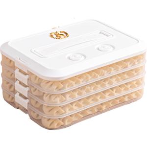 4-Layer Food Storage Containers with Lids,Cookie Storage Containers,Good Sealing Dumpling Box,Stackable Snack Container, Time Recoder, White/Tan