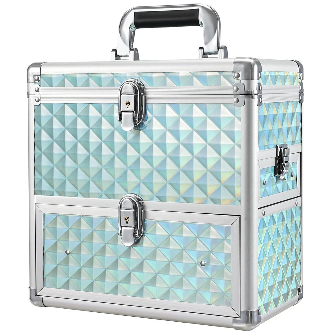 FRENESSA Extra Large Makeup Organizer Case Cosmetic Box Storage with Drawer Mirror Nail Manicure Accessory Organizer With Dividers Travel Nail Art Case for Makeup Artist Nail Tech Case Watery Blue