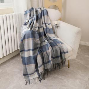 Woolly Throw Pure Wool Blanket - Large 55x83 inches, 1.5 lbs,Wool Fringed Knee Throw Blanket for Couch Bed Outdoor Travel,Soft Lightweight Breathable Blanket for All Season,Blue Check
