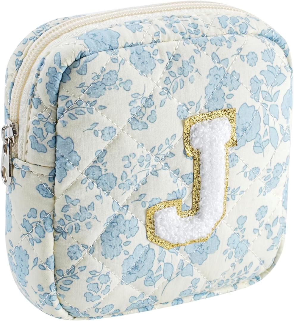 JOVAKIT Small Quilted Alphabet Makeup Bag Cosmetic Bag for Women, Gifts for Girls Age 2-16, Floral Flowers Cotton Travel Toiletry Pouch, Zipper Make Up Lipstick Data Cable Organizer Bag (Blue J)