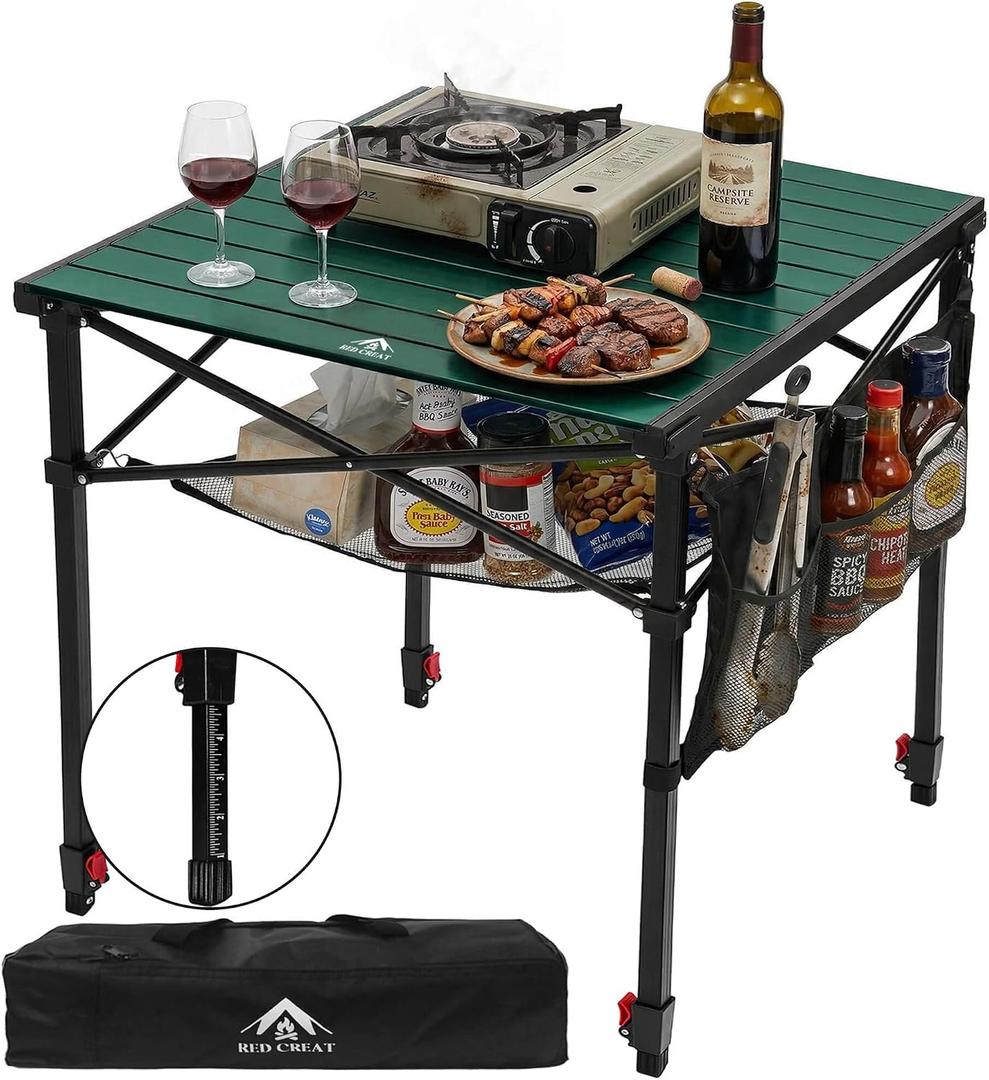 Camping Table Portable Foldable with Adjustable Height, Lightweight Collapsible Aluminum Roll-Up Camp Table with Storage Bag & Carry Bag, Heat-Resistant for RV Picnic BBQ Camping (Large 28"×25")