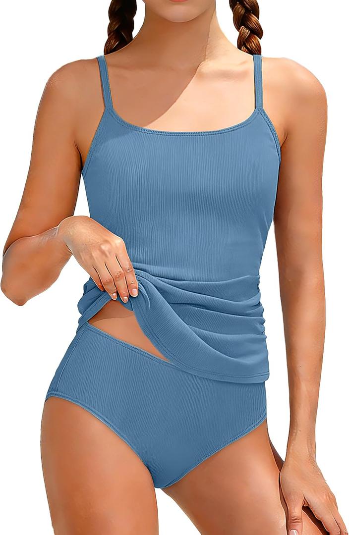 CRISONE Girl Swimsuit 2 Piece Ribbed Solid Color+Tropical Print Tankini Swimsuits Modest Swimwear Girl Bathing Suit for 9-16T (13-14 Years, Dark Blue)