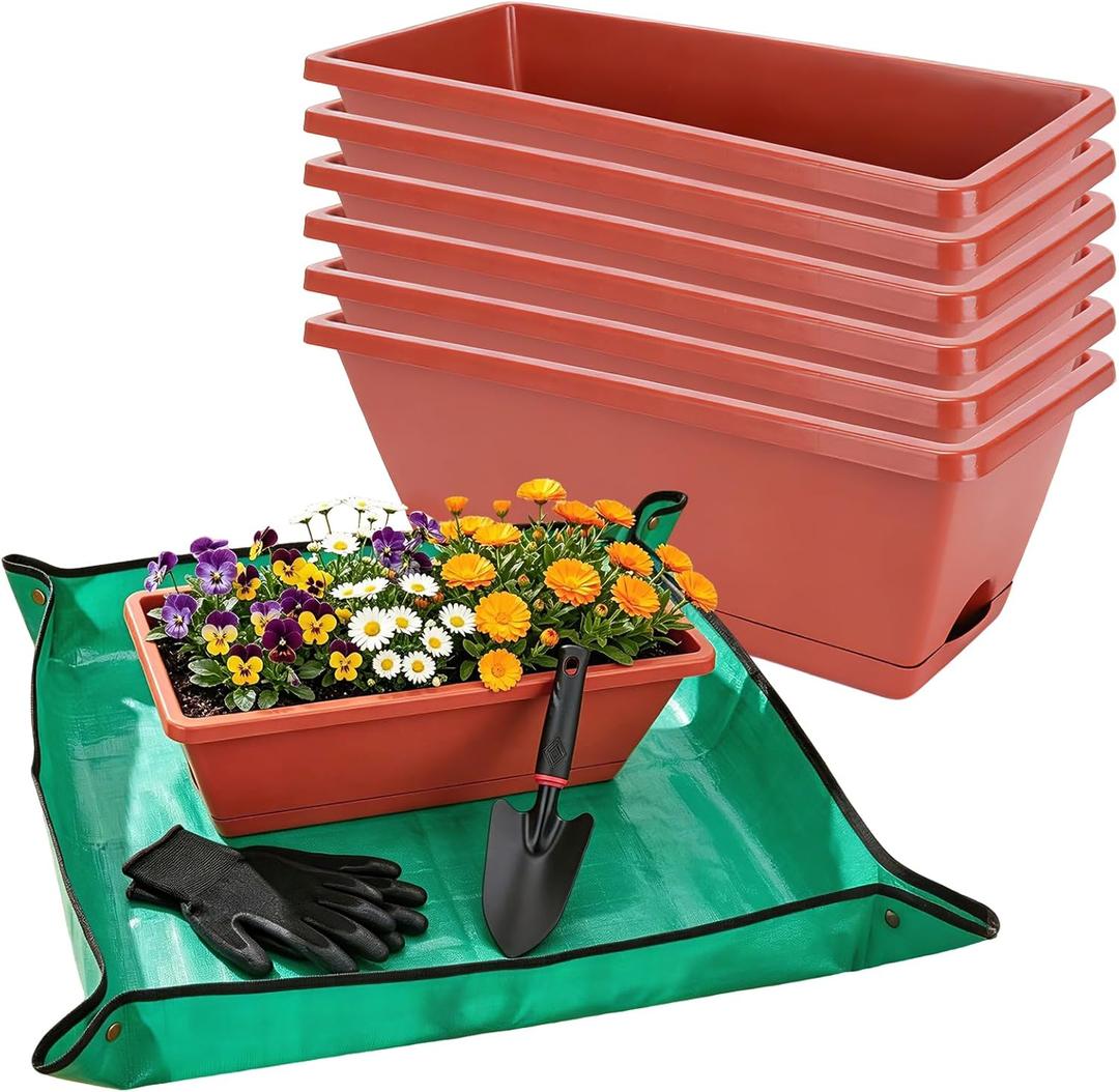7 Pack Window Box Planters, 17 Inch Plastic Rectangular Flower Pots for Indoor/Outdoor Plants, Herbs, Vegetables, Includes Trowel, Waterproof Mat & Gloves (Brick-red)