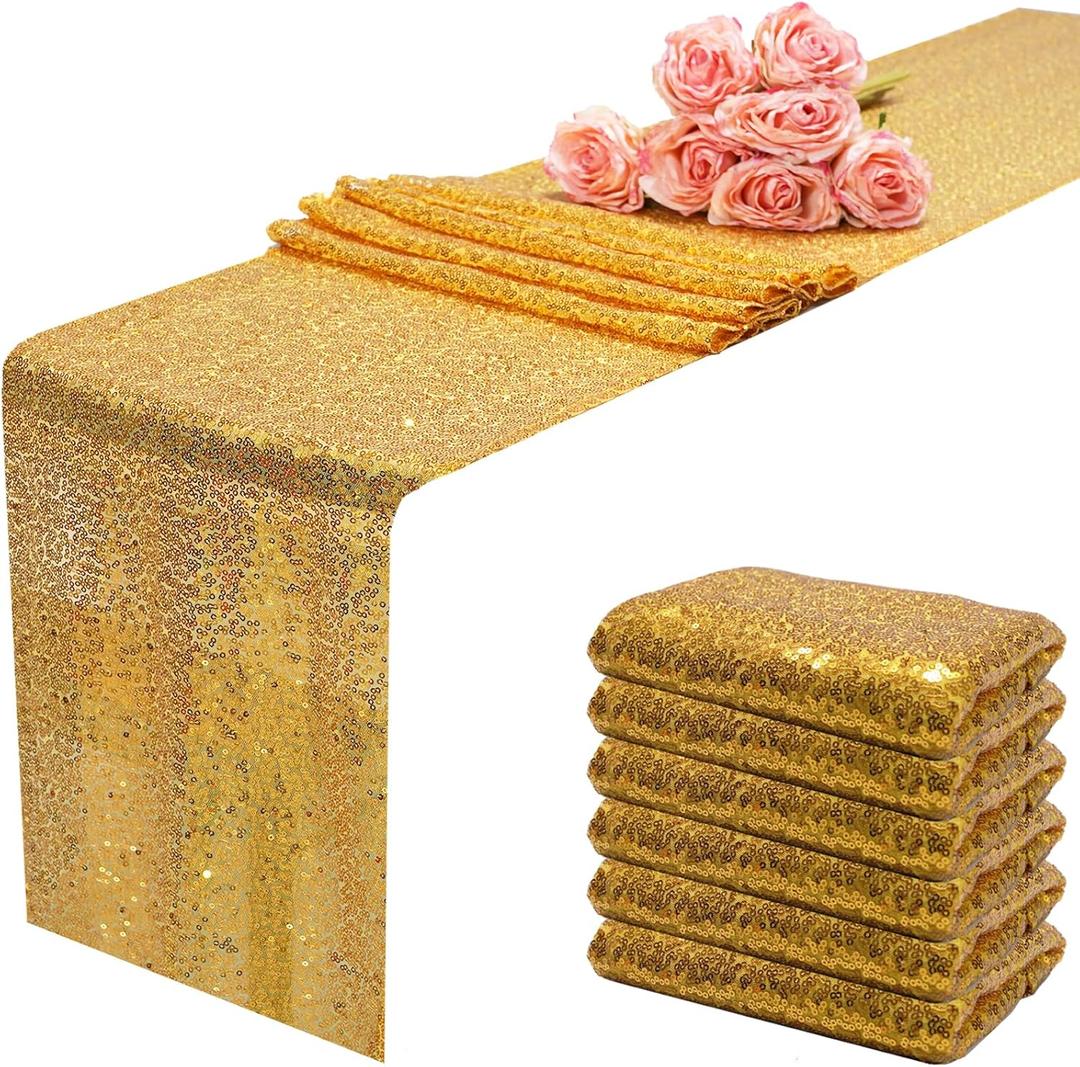 12x108 inch Gold Sequin Table Runner Sparkly Glitter Table Linens 6 Packs for Party Decorations Wedding Birthday Baby Shower Engagement Anniversary