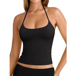 REORIA Women's Sexy Halter Backless Double Lined Tank Top Y2k Trendy Camisole Crop Tops, Medium