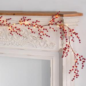 EAMBRITE Lighted Red Berry Garland, 6 FT 88 LED Christmas Garland with Warm White Lighs, Battery Operated Garland with Timer Christmas Decorations for Fireplace Mantle Mantel Indoor Outdoor Use