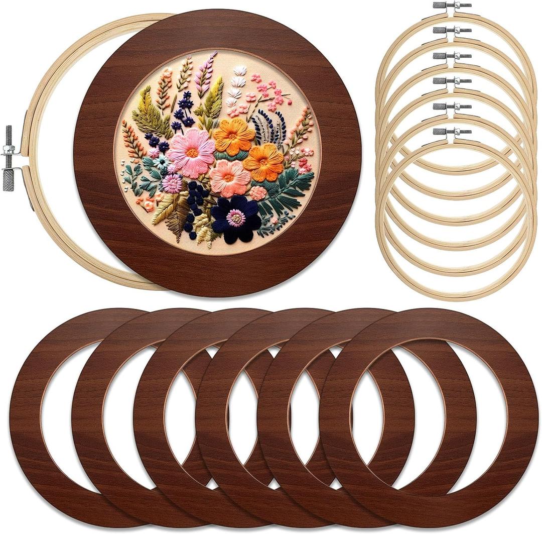 RattanView 12 Pcs 8 Inch Wood Embroidery Hoop Frame with Embroidery Hoops Round Finished Cross Stitch Hoop Frame for DIY Art Craft Sewing Ornaments(Walnut)