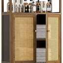 HITNET Rattan Bathroom Storage Cabinet, Bamboo Floor Cabinet with 2 Doors and Open Shelf, Freestanding Cupboard for Living Room, Entryway, Kitchen, Walnut