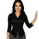 Slim Fitting Sexy Long Sleeved Shirt with Row Collar and Button Pleated Waist for Women's Shirt (US, Alpha, Small, Regular, Regular, Khaki)